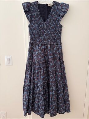 Sea Navy Floral Cotton Smocked Midi Dress